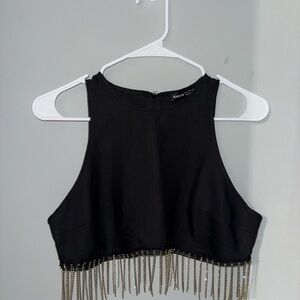 Black Sleeveless Top with Fringe Detail